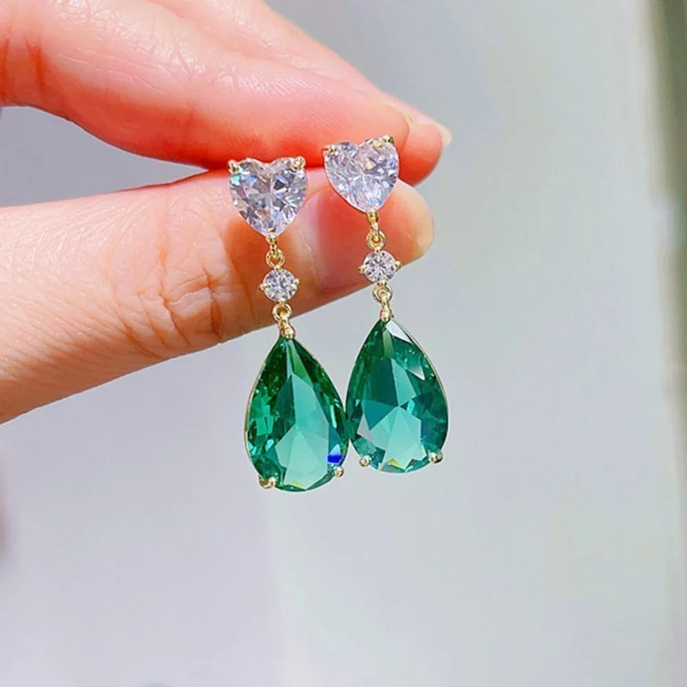 💥 Green Color Crystal Party Jewelry Waterdrop CZ Earring for Women, HA4529